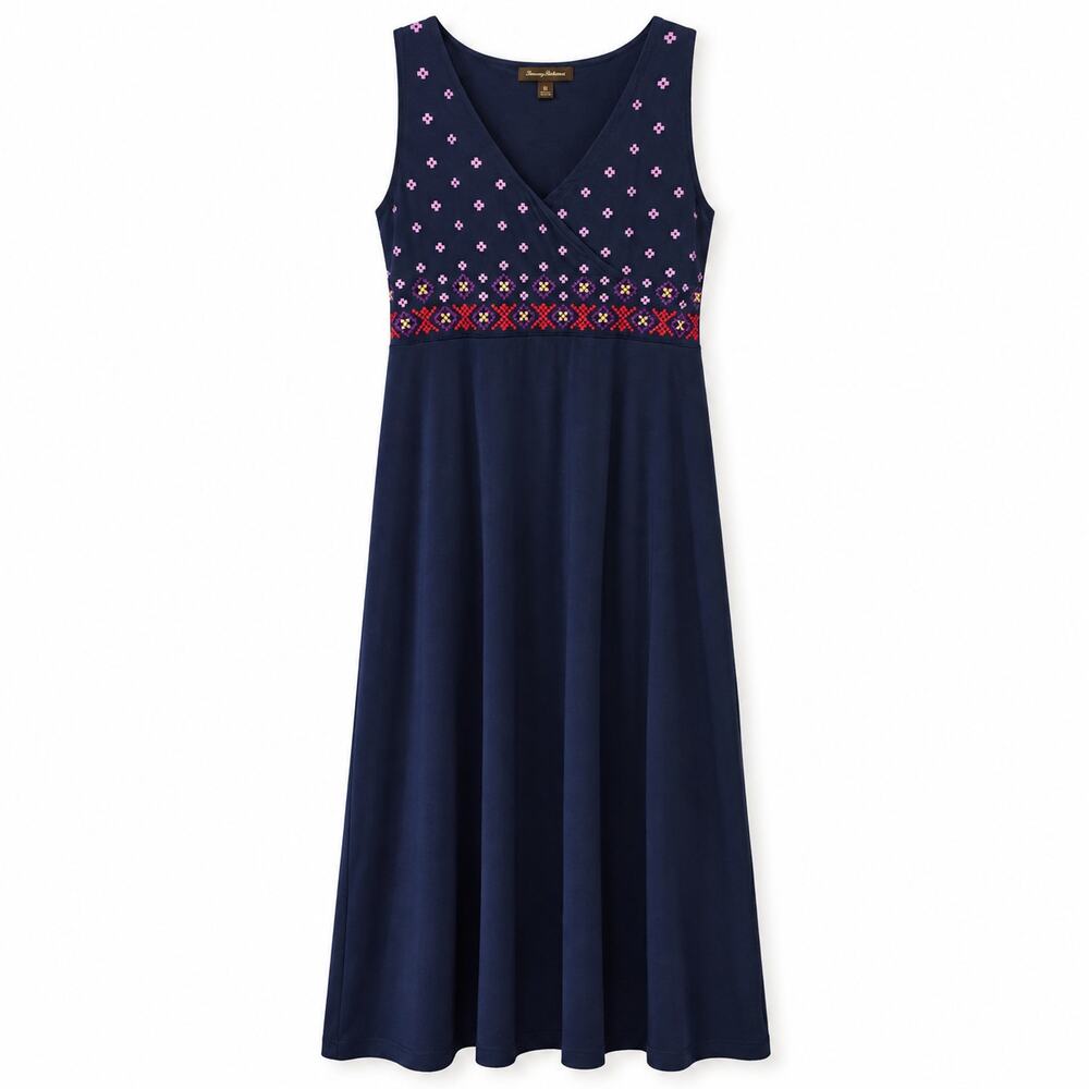 Tommy Bahama Maxi Dress XL Blue Knit with Pink Purple Embroidery Sleeveless